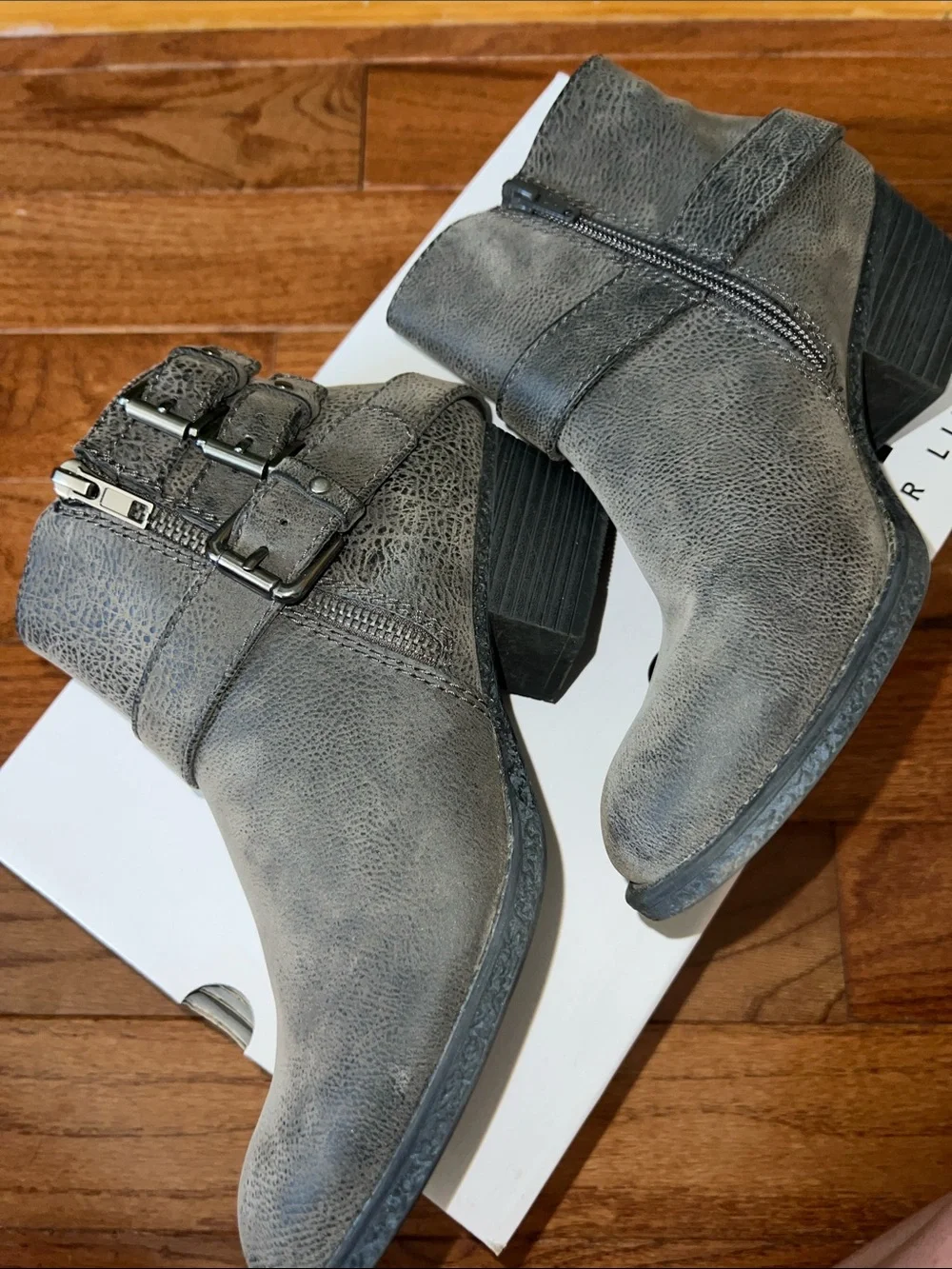 Sonoma Distressed Gray Double-Buckle Ankle Booties